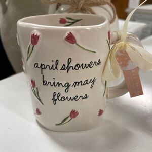 Rae Dunn April Shower Bring May Flowers Tulip Doublesided Ceramic Coffee Mug NWT